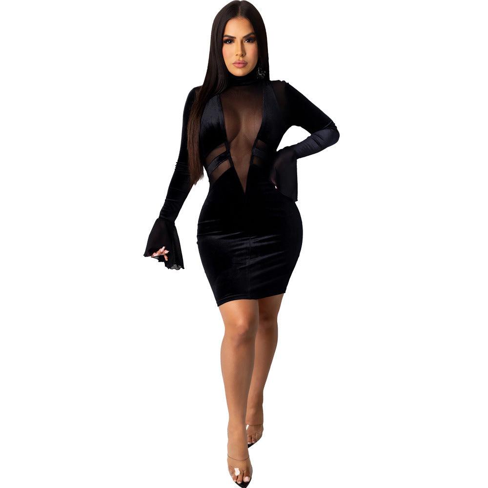 Women's Deep V-neck Mesh Stitching Non-inverted Velvet Horn Long Sleeve Skirt - Nioor