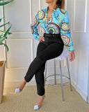 Women's Digital Printing Long-sleeved Shirt With Belt Trousers Suit - Nioor