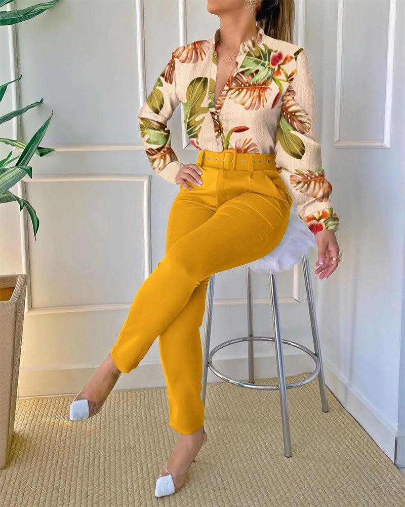 Women's Digital Printing Long-sleeved Shirt With Belt Trousers Suit - Nioor