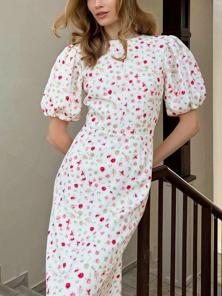 Women's Elegant Slim-fit Floral Long-sleeved Dress - Nioor