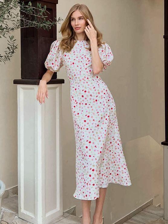 Women's Elegant Slim-fit Floral Long-sleeved Dress - Nioor