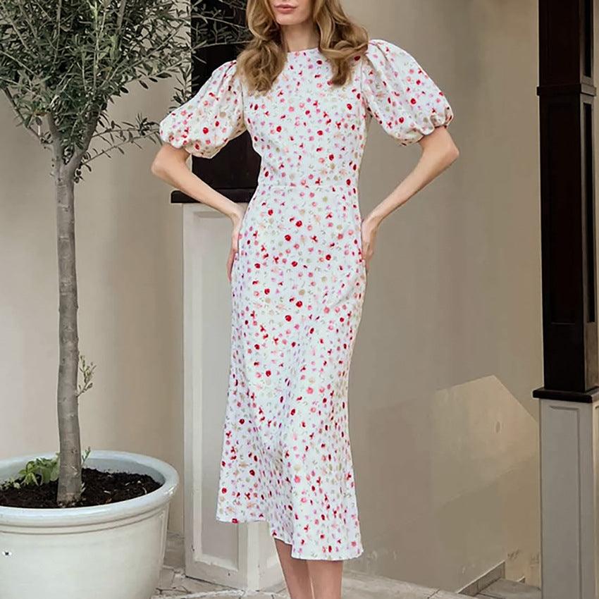 Women's Elegant Slim-fit Floral Long-sleeved Dress - Nioor