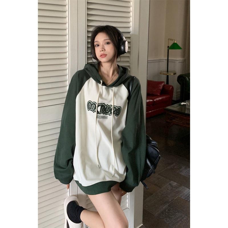 Women's Embroidered Letter Raglan Sleeve Hooded Sweater - Nioor