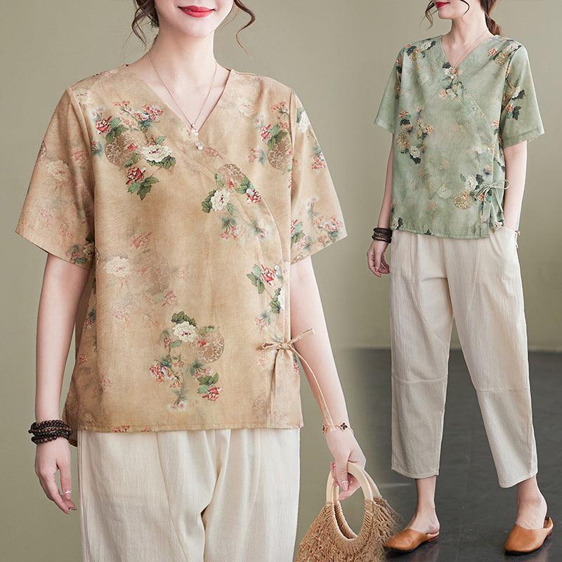 Women's Fashion Artistic Cotton And Linen Printing Suit - Nioor