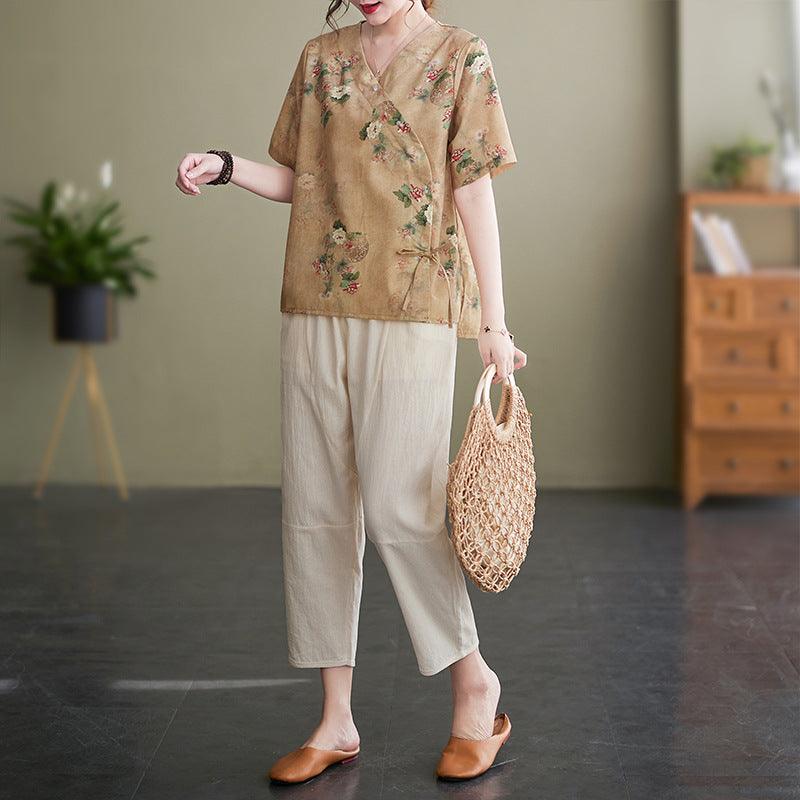 Women's Fashion Artistic Cotton And Linen Printing Suit - Nioor