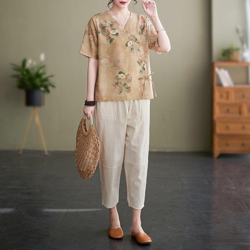 Women's Fashion Artistic Cotton And Linen Printing Suit - Nioor