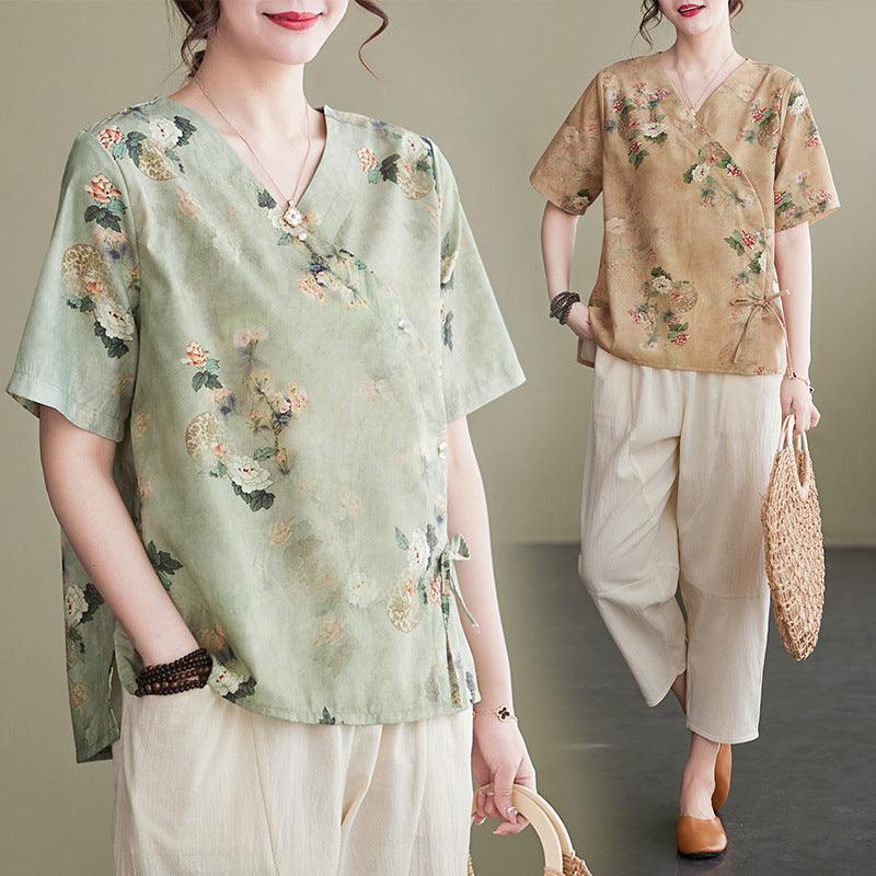 Women's Fashion Artistic Cotton And Linen Printing Suit - Nioor