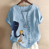 Women's Fashion Cartoon Printed Cotton And Linen Loose Casual Short-sleeved T-shirt - Nioor