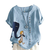 Women's Fashion Cartoon Printed Cotton And Linen Loose Casual Short-sleeved T-shirt - Nioor