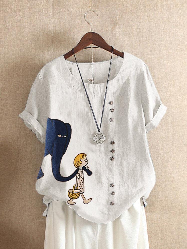 Women's Fashion Cartoon Printed Cotton And Linen Loose Casual Short-sleeved T-shirt - Nioor