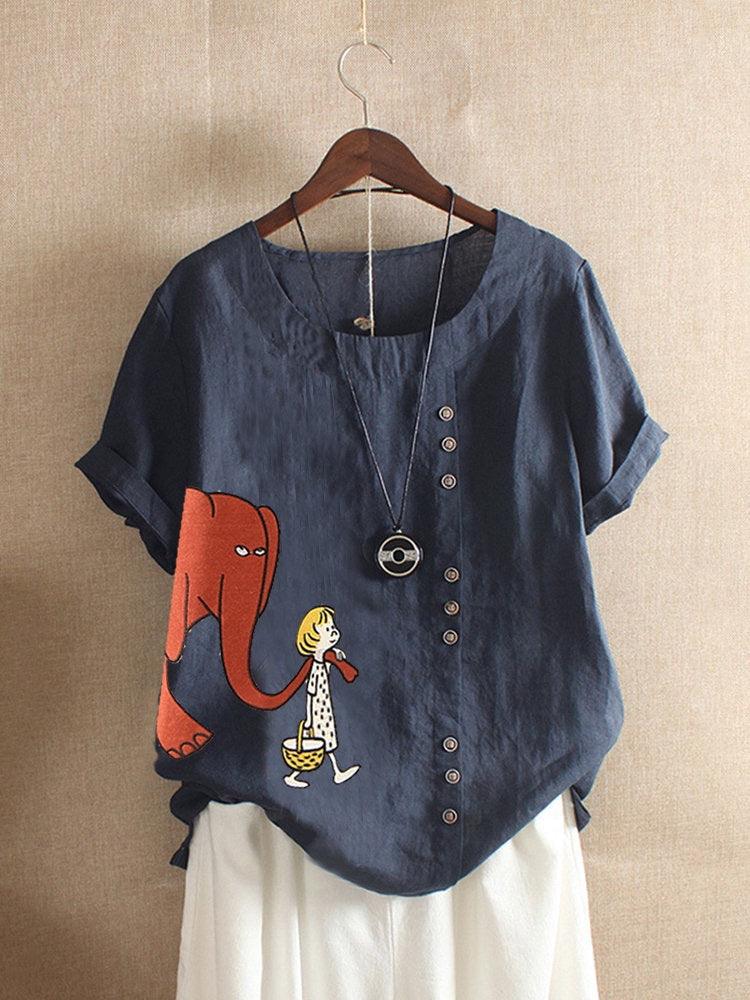 Women's Fashion Cartoon Printed Cotton And Linen Loose Casual Short-sleeved T-shirt - Nioor