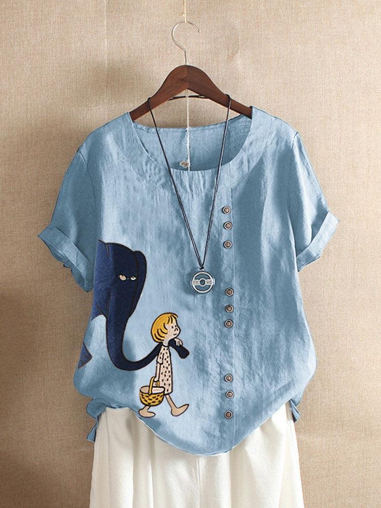 Women's Fashion Cartoon Printed Cotton And Linen Loose Casual Short-sleeved T-shirt - Nioor