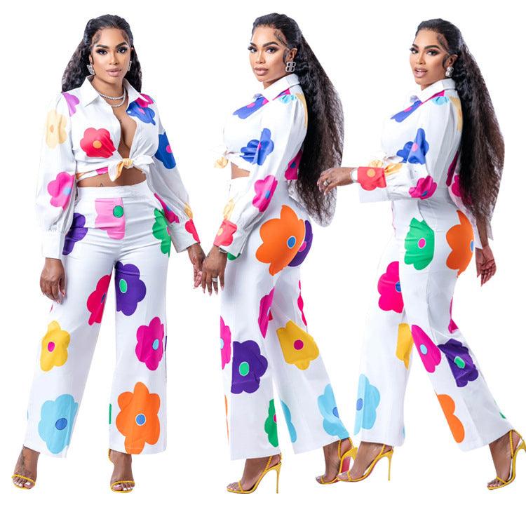 Women's Fashion Casual Digital Printed Flowers Blouse And Pants - Nioor