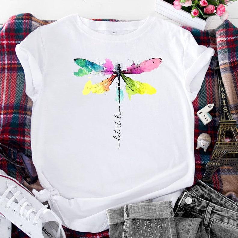 Women's Fashion Casual Dragonfly Printed Round Neck Short Sleeve T-shirt Top - Nioor