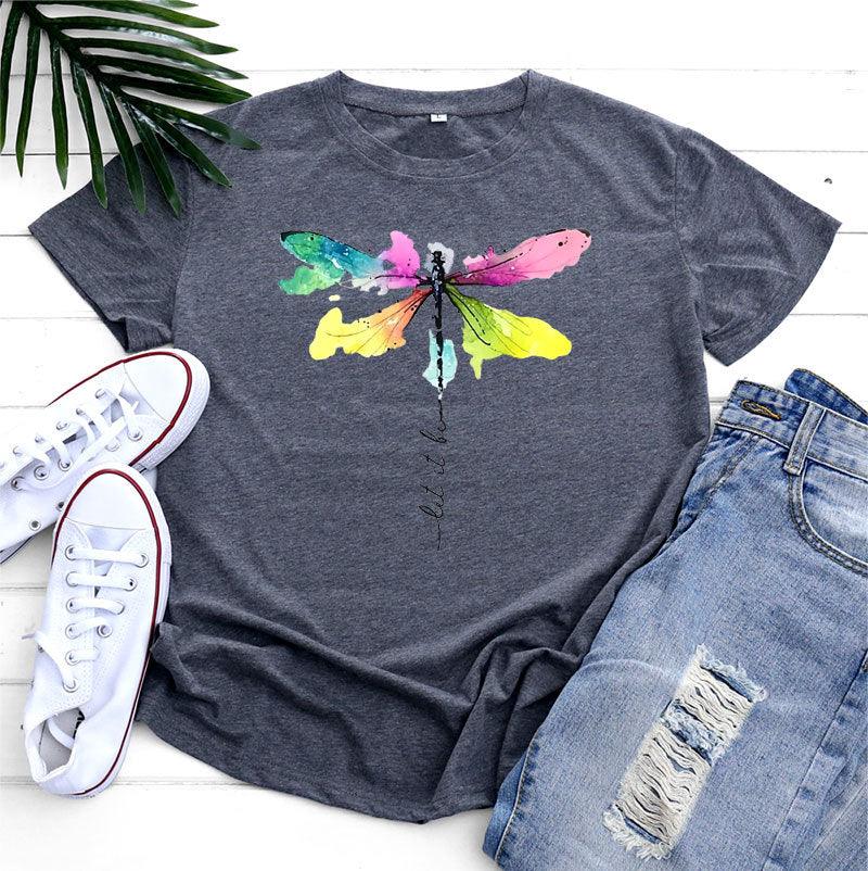 Women's Fashion Casual Dragonfly Printed Round Neck Short Sleeve T-shirt Top - Nioor