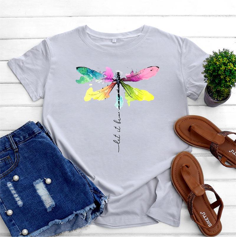 Women's Fashion Casual Dragonfly Printed Round Neck Short Sleeve T-shirt Top - Nioor