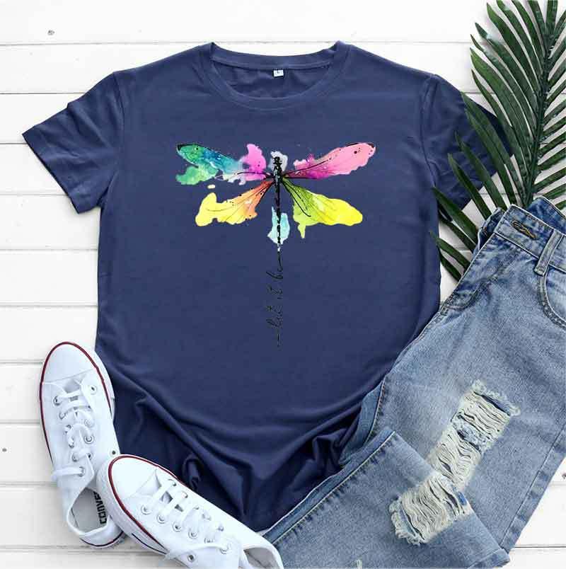 Women's Fashion Casual Dragonfly Printed Round Neck Short Sleeve T-shirt Top - Nioor