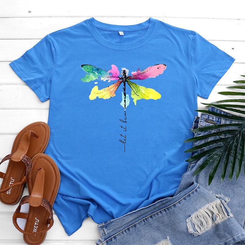 Women's Fashion Casual Dragonfly Printed Round Neck Short Sleeve T-shirt Top - Nioor