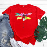 Women's Fashion Casual Dragonfly Printed Round Neck Short Sleeve T-shirt Top - Nioor