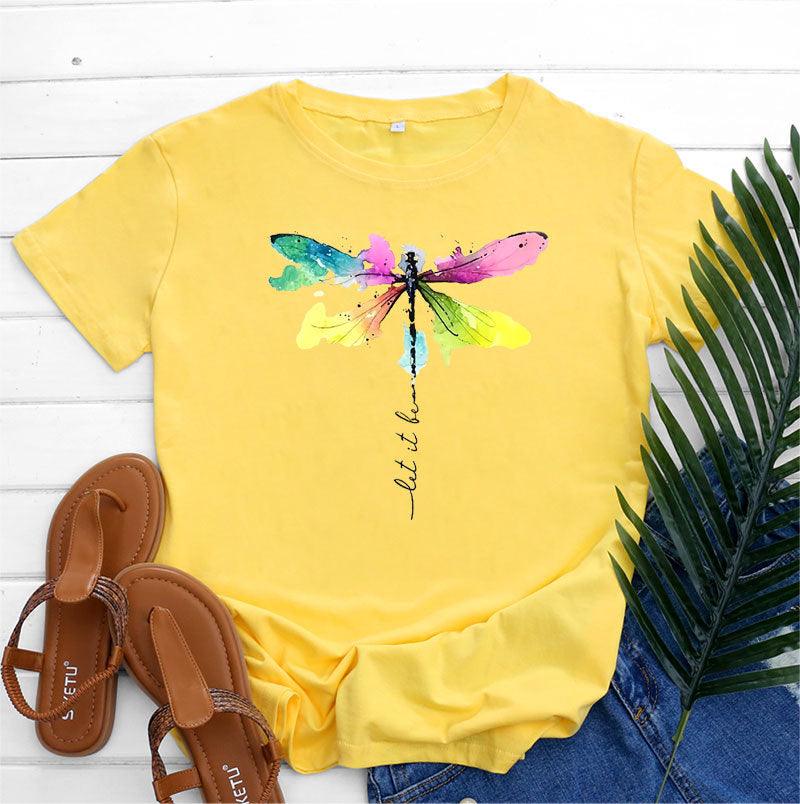 Women's Fashion Casual Dragonfly Printed Round Neck Short Sleeve T-shirt Top - Nioor