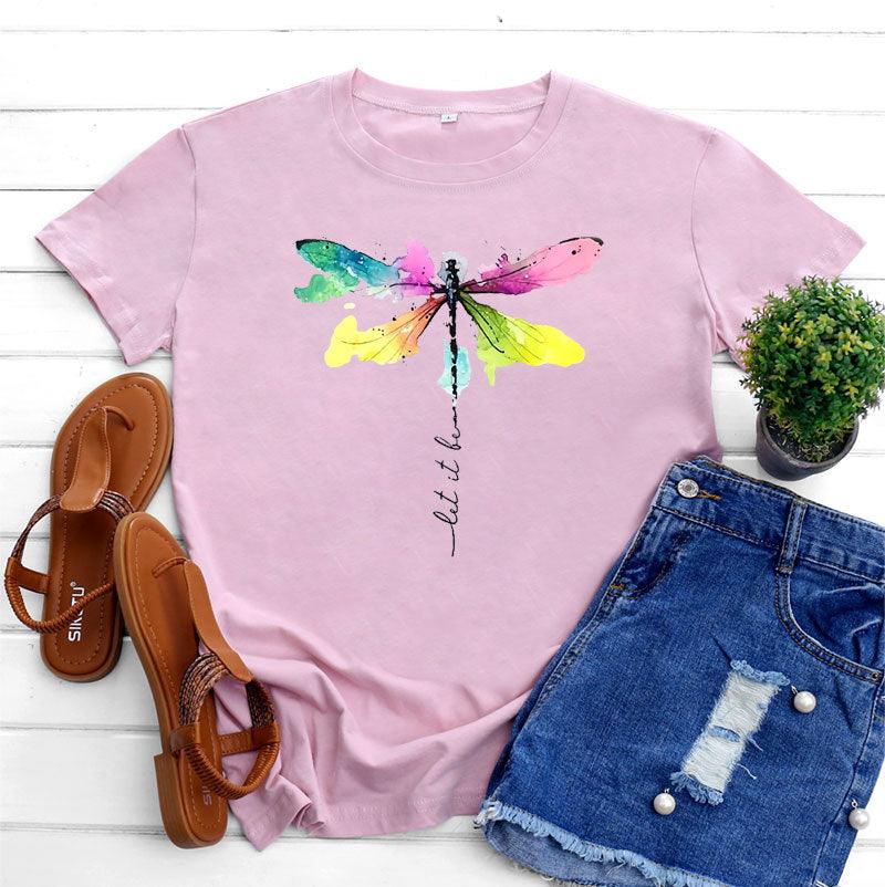 Women's Fashion Casual Dragonfly Printed Round Neck Short Sleeve T-shirt Top - Nioor