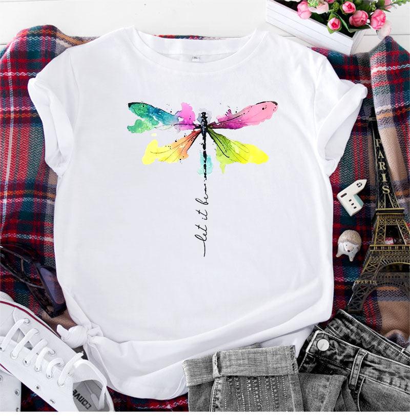 Women's Fashion Casual Dragonfly Printed Round Neck Short Sleeve T-shirt Top - Nioor