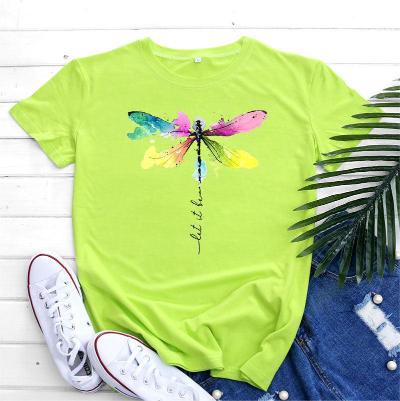 Women's Fashion Casual Dragonfly Printed Round Neck Short Sleeve T-shirt Top - Nioor