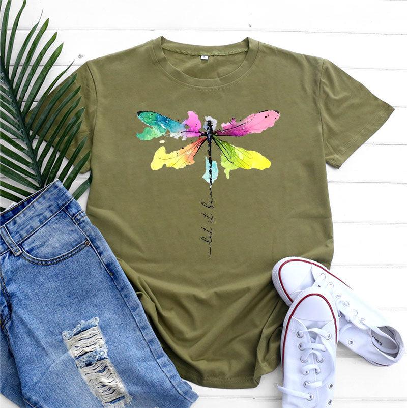 Women's Fashion Casual Dragonfly Printed Round Neck Short Sleeve T-shirt Top - Nioor