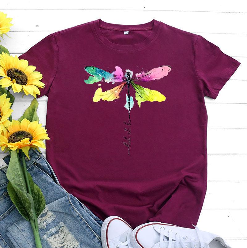 Women's Fashion Casual Dragonfly Printed Round Neck Short Sleeve T-shirt Top - Nioor