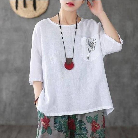 Women's Fashion Casual Embroidered Cotton And Linen T-shirt - Nioor