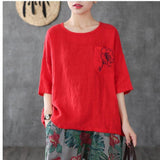 Women's Fashion Casual Embroidered Cotton And Linen T-shirt - Nioor