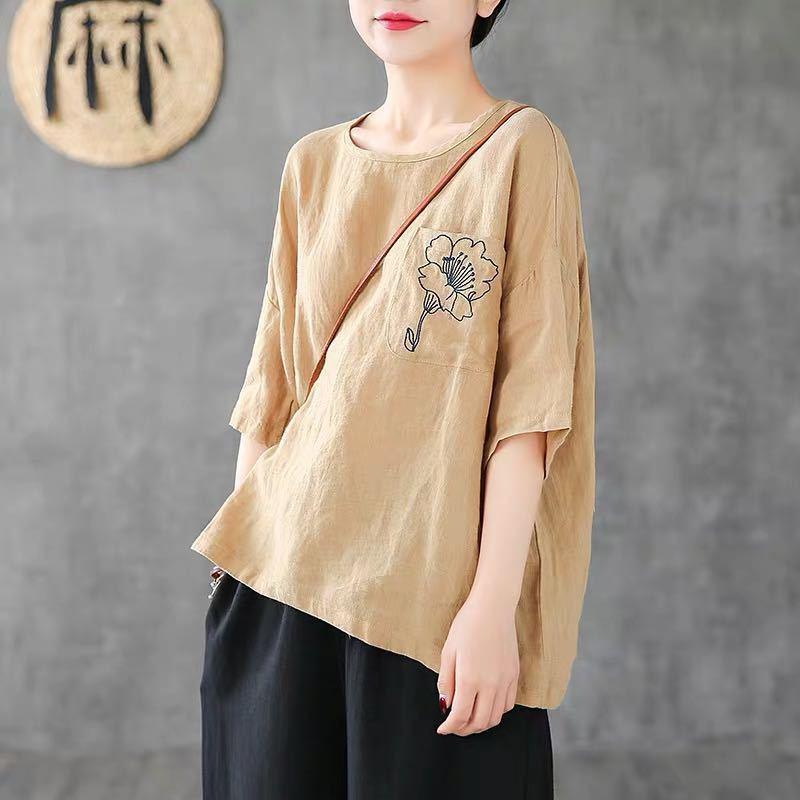 Women's Fashion Casual Embroidered Cotton And Linen T-shirt - Nioor