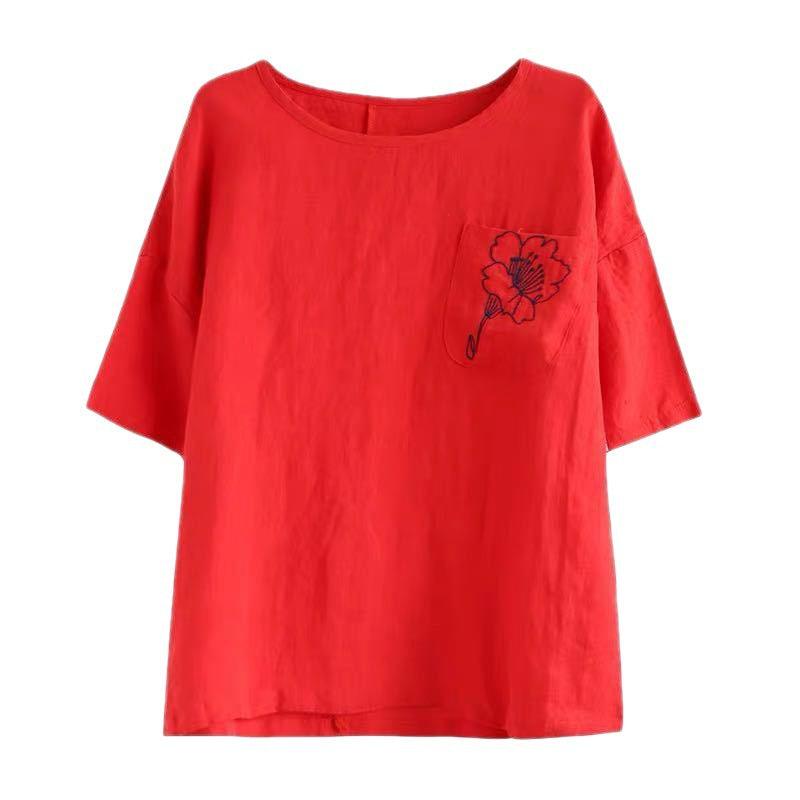 Women's Fashion Casual Embroidered Cotton And Linen T-shirt - Nioor