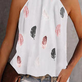 Women's Fashion Casual Halter Half-open Collar Loose Sleeveless Printed T-shirt - Nioor