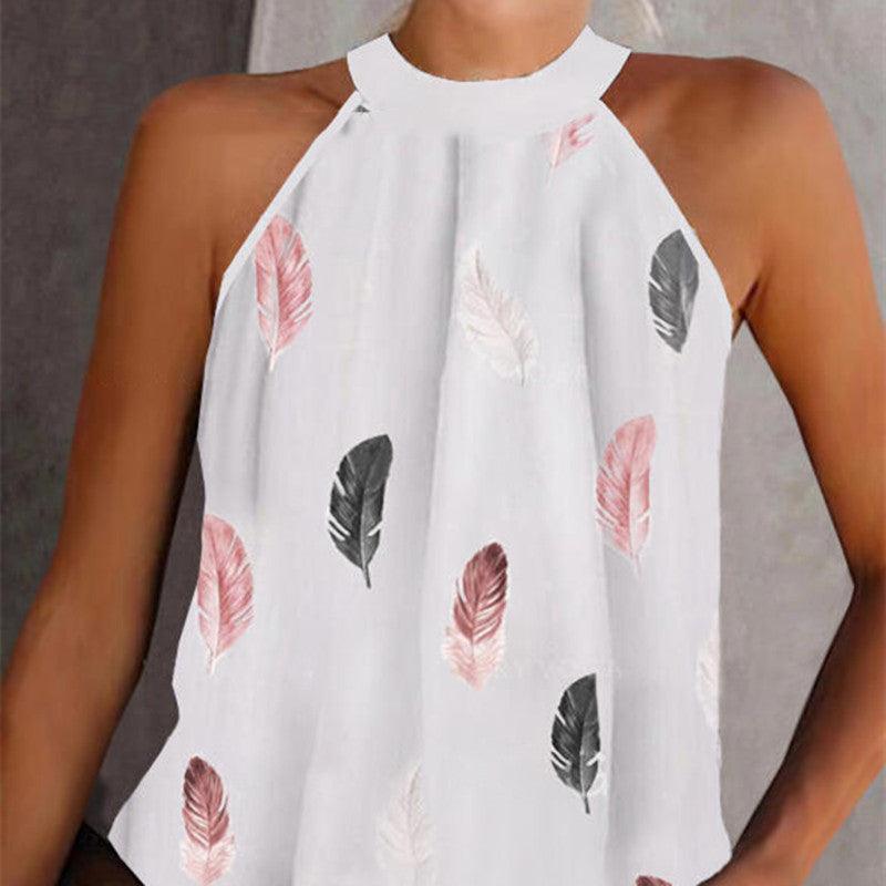 Women's Fashion Casual Halter Half-open Collar Loose Sleeveless Printed T-shirt - Nioor