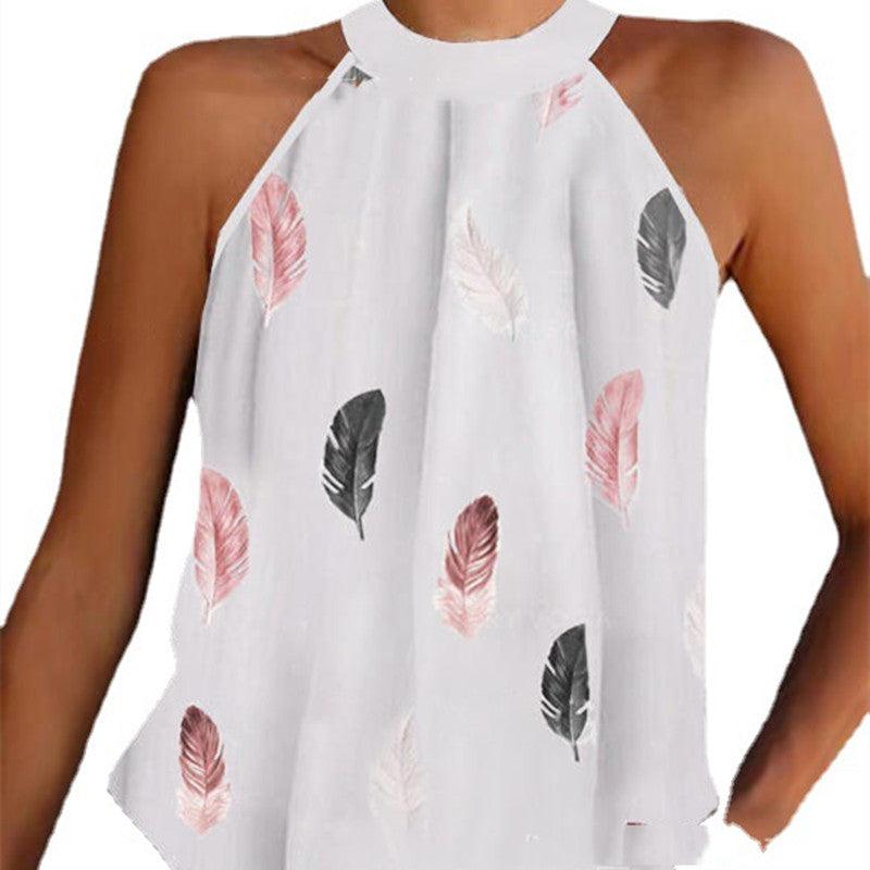 Women's Fashion Casual Halter Half-open Collar Loose Sleeveless Printed T-shirt - Nioor