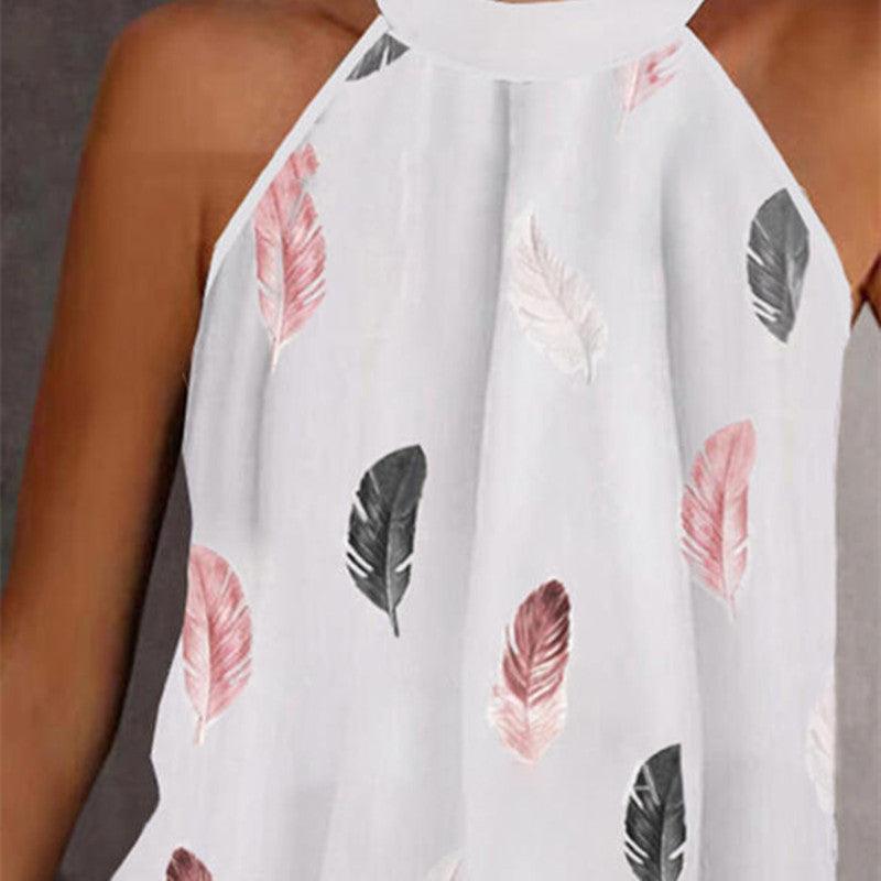 Women's Fashion Casual Halter Half-open Collar Loose Sleeveless Printed T-shirt - Nioor