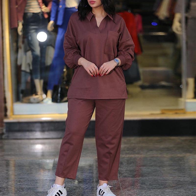 Women's Fashion Casual Lapel Long Sleeve Shirt Casual Pants Suit - Nioor