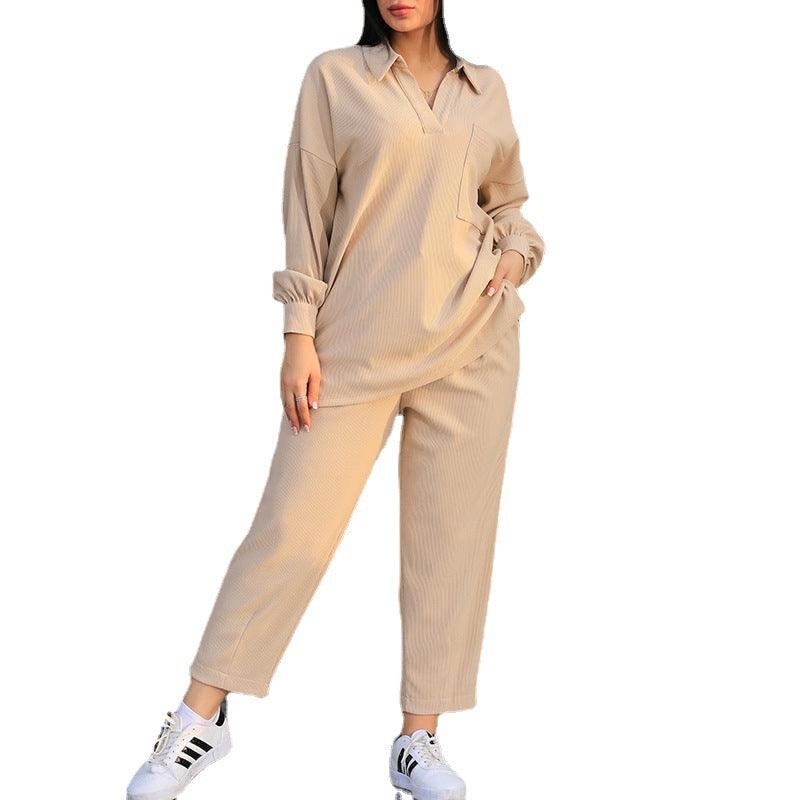 Women's Fashion Casual Lapel Long Sleeve Shirt Casual Pants Suit - Nioor