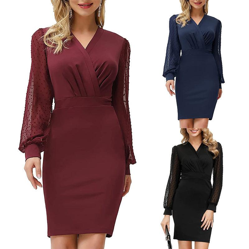 Women's Fashion Casual Long Sleeve V-neck Tight Stitching Pencil Skirt - Nioor