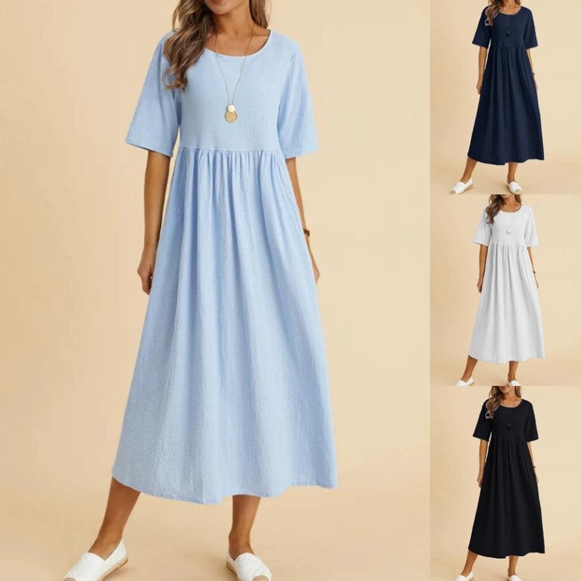 Women's Fashion Casual Loose Cotton Linen Round-neck Dress - Nioor