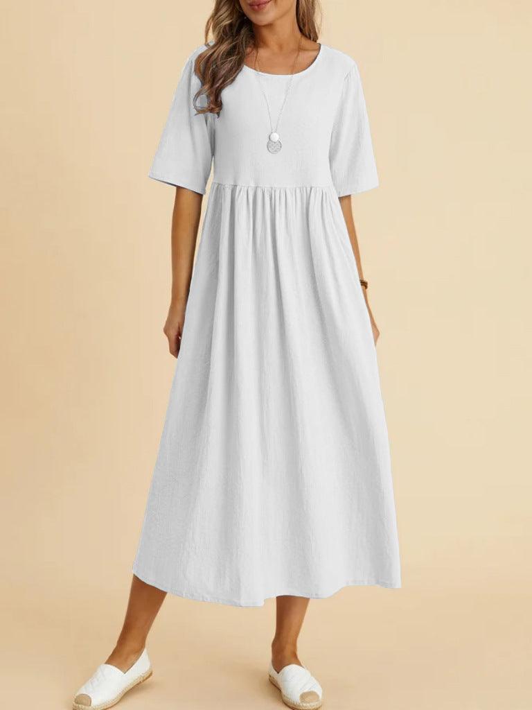 Women's Fashion Casual Loose Cotton Linen Round-neck Dress - Nioor