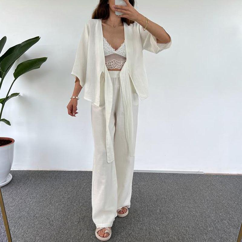 Women's Fashion Casual Loose Lace-up Three-quarter Length Sleeves Cardigan Trousers Two-piece Set - Nioor