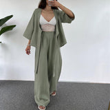 Women's Fashion Casual Loose Lace-up Three-quarter Length Sleeves Cardigan Trousers Two-piece Set - Nioor