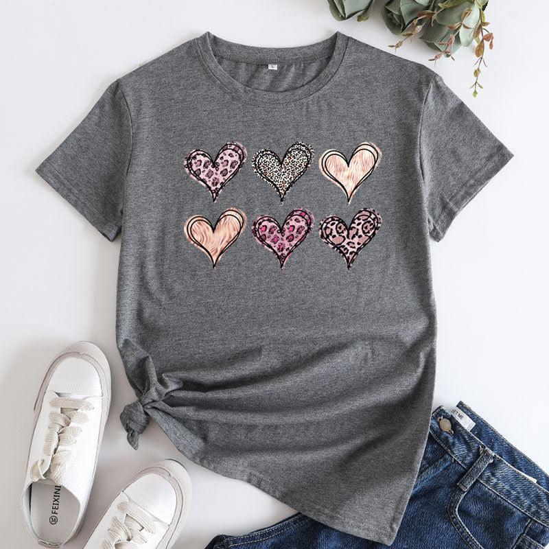 Women's Fashion Casual Love Printed Cotton Round Neck Short Sleeve - Nioor