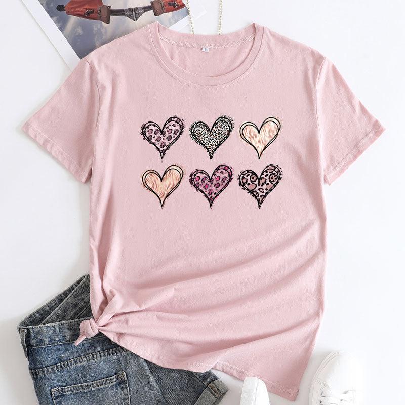 Women's Fashion Casual Love Printed Cotton Round Neck Short Sleeve - Nioor