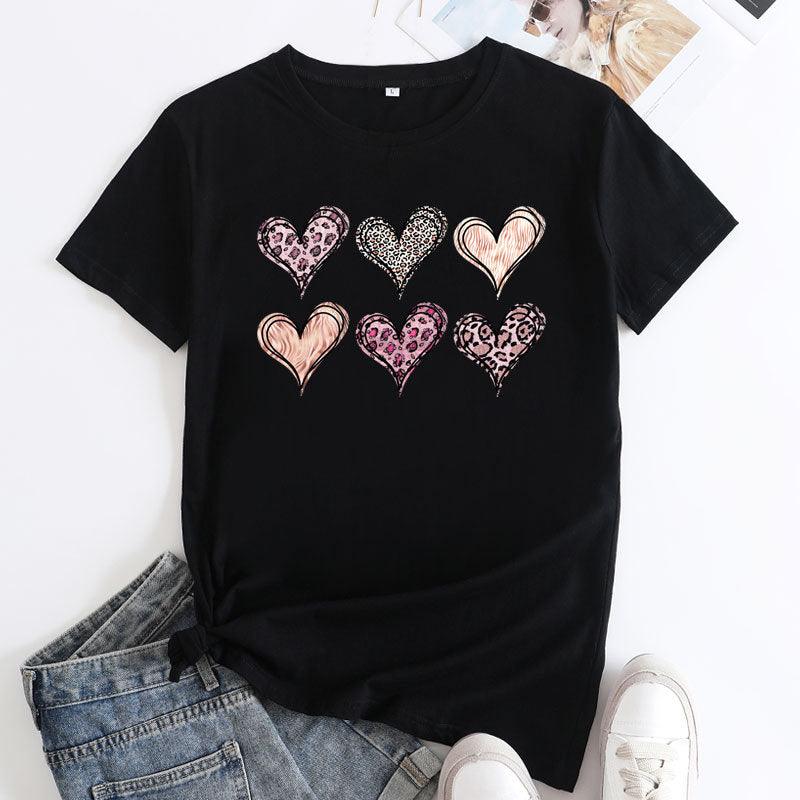 Women's Fashion Casual Love Printed Cotton Round Neck Short Sleeve - Nioor