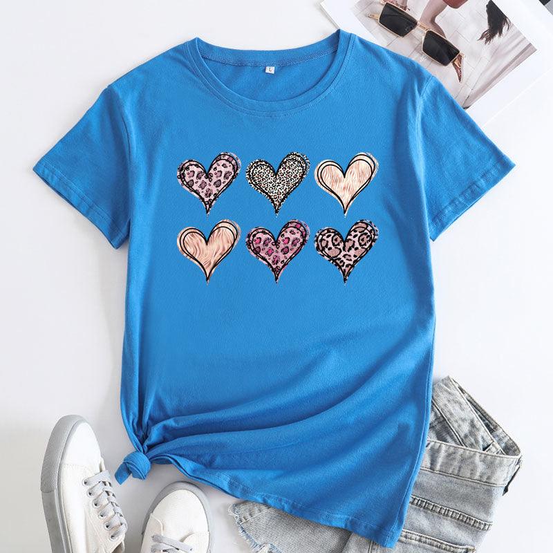 Women's Fashion Casual Love Printed Cotton Round Neck Short Sleeve - Nioor