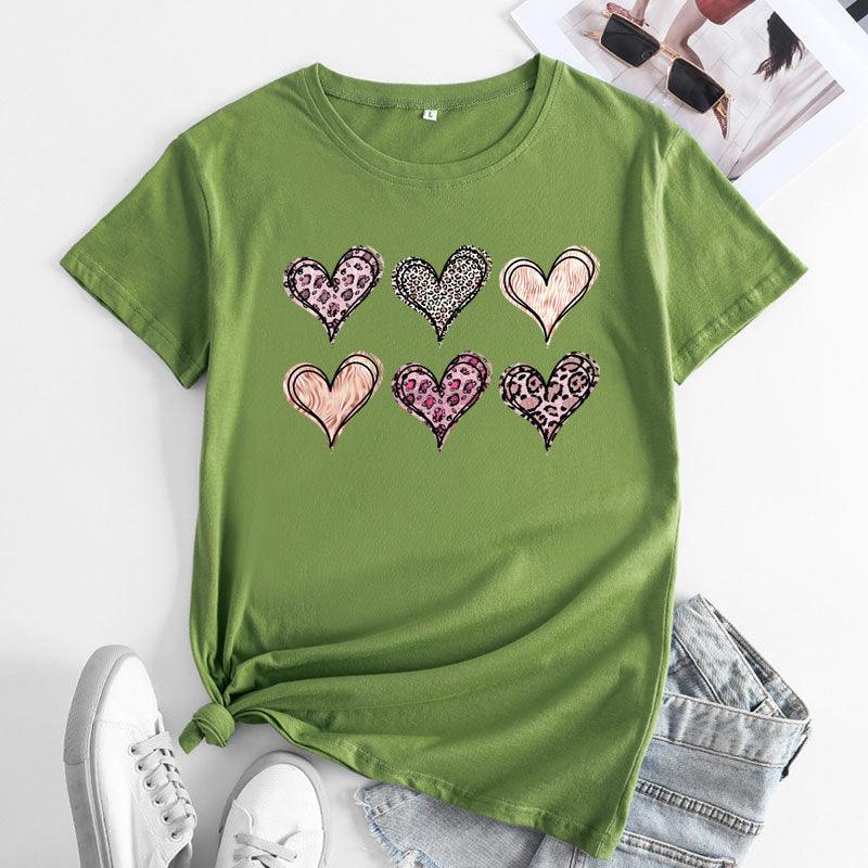 Women's Fashion Casual Love Printed Cotton Round Neck Short Sleeve - Nioor