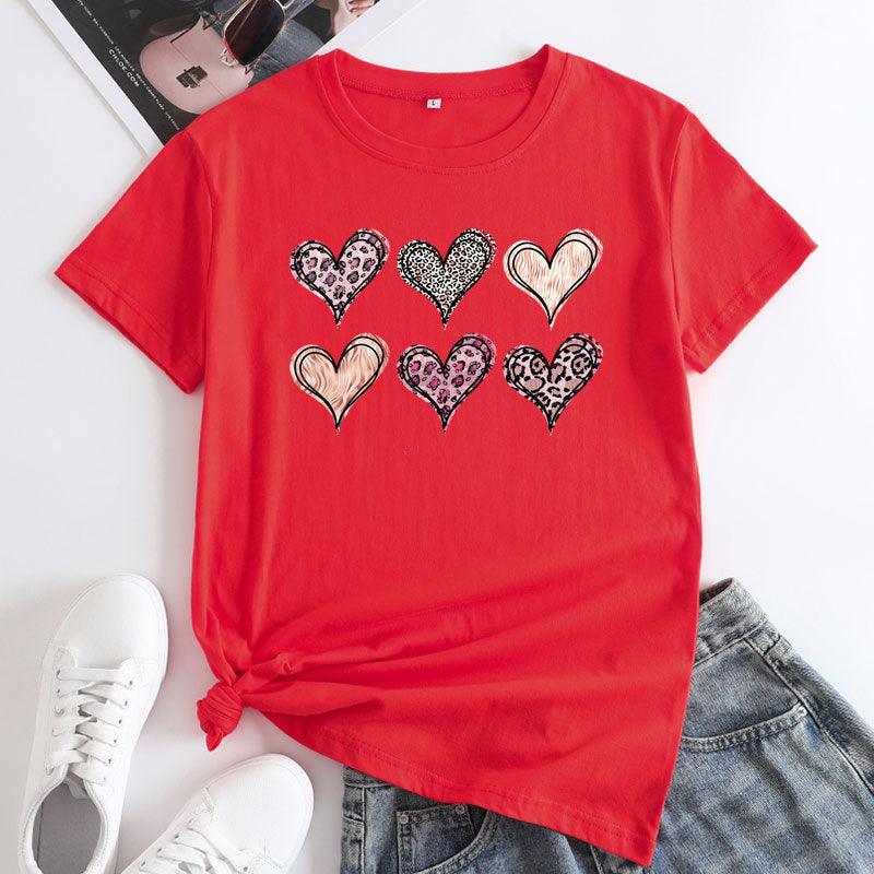 Women's Fashion Casual Love Printed Cotton Round Neck Short Sleeve - Nioor